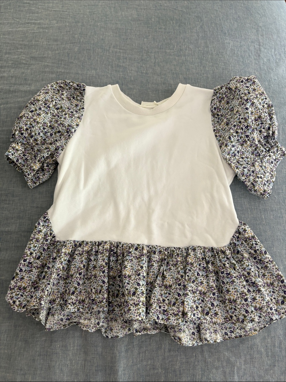 White Top with Purple Floral Puff Sleeves & Ruffle Hem